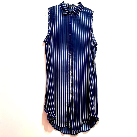 Zanzea Collection Navy Blue Striped Poplin Sleeveless Loose Button Down Dress - Picture 1 of 9